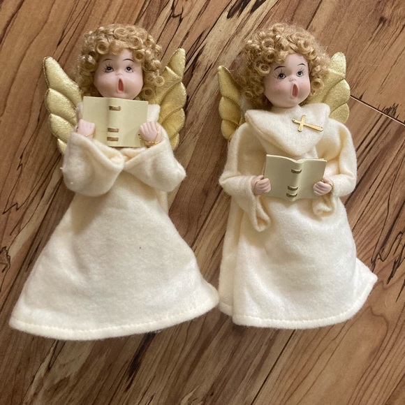2 Vtg Christmas Choir Girl Angel Felt Porcelain Face Blonde Curls Cross 9.5" - Picture 1 of 5